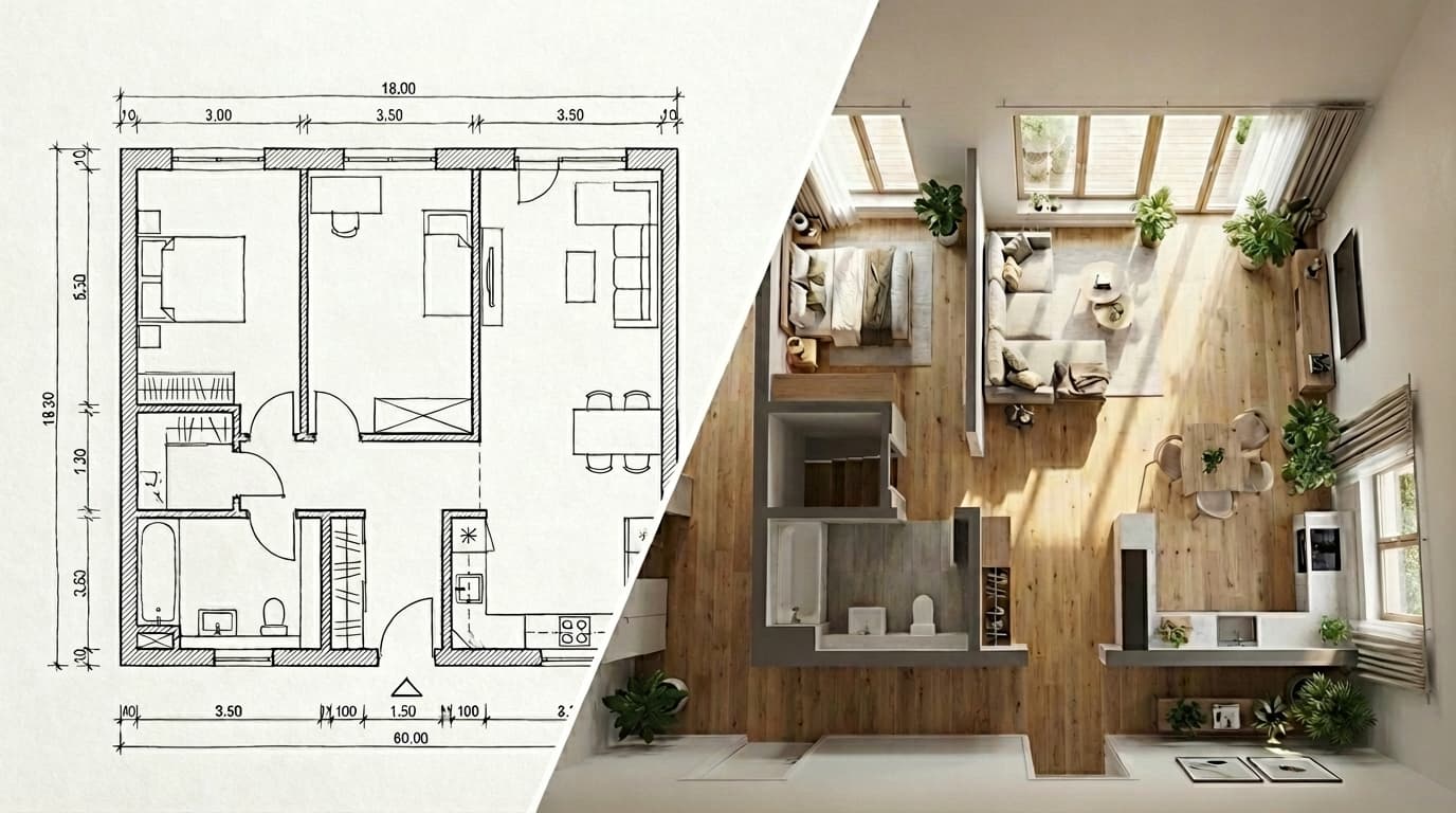 AI Floor Plan Creator: Before-After Comparison – 2D floor plan becomes photorealistic 3D with furniture